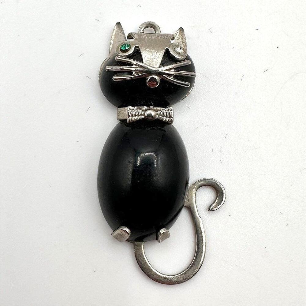 Vintage 80s Silver Tone Black Onyx Bead Cat Green Eye Kitty Necklace Jewelry Y2K